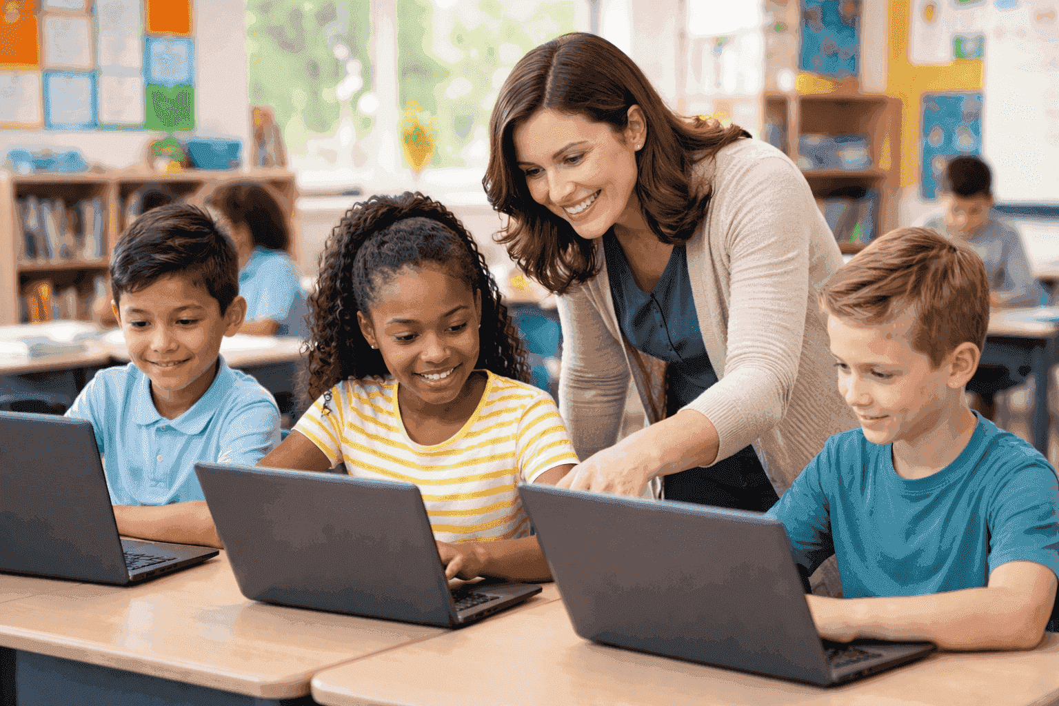 Teacher supporting students using laptops in a classroom